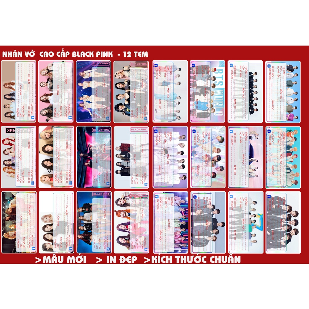 BỘ 24 NHÃN VỞ HỌC SINH CÓ KEO DÁN NHANH CHỦ ĐỀ BLACKPINK BTS GIẤY BÓNG CAO CẤP KHÔNG BAY MÀU MỰC TRANG TRÍ VỞ HỌC TẬP