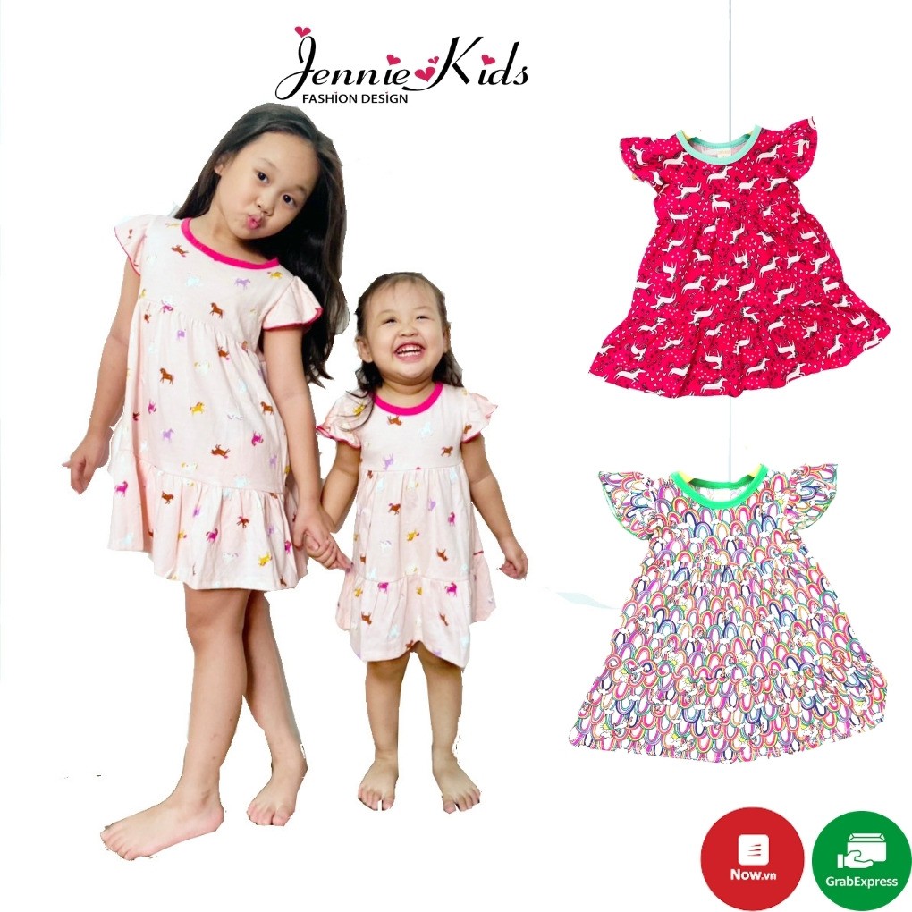 Váy đầm bé gái tay cánh tiên vải cotton xuất Jennie kids thoáng mát cho bé J409