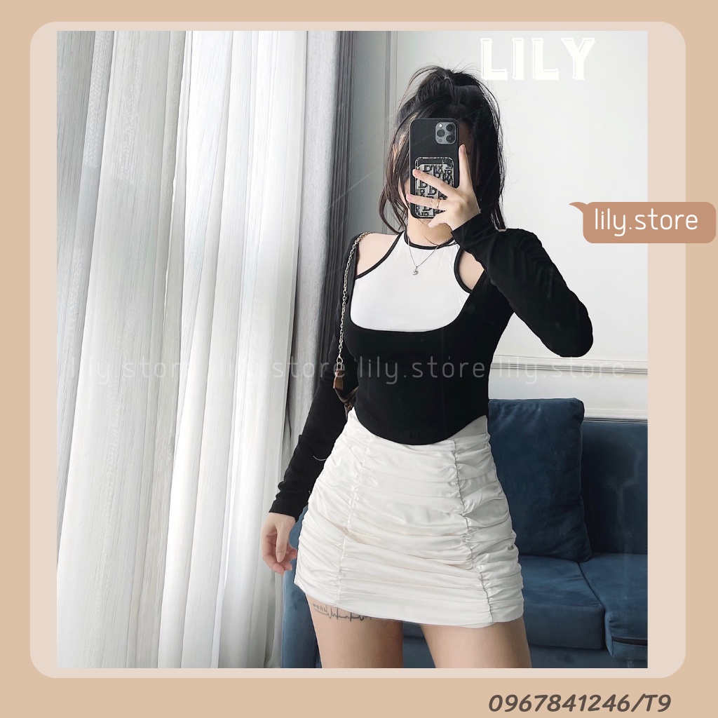Áo body cổ yếm, Áo kiểu tay dài cổ yếm vạt bầu sang chảnh, áo kiểu croptop nữ 3 màu đen, be, nâu S,M, L T9 LILY