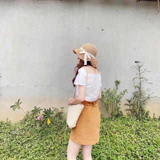 SET ÁO CỔ U CHÂN VÁY NÂU