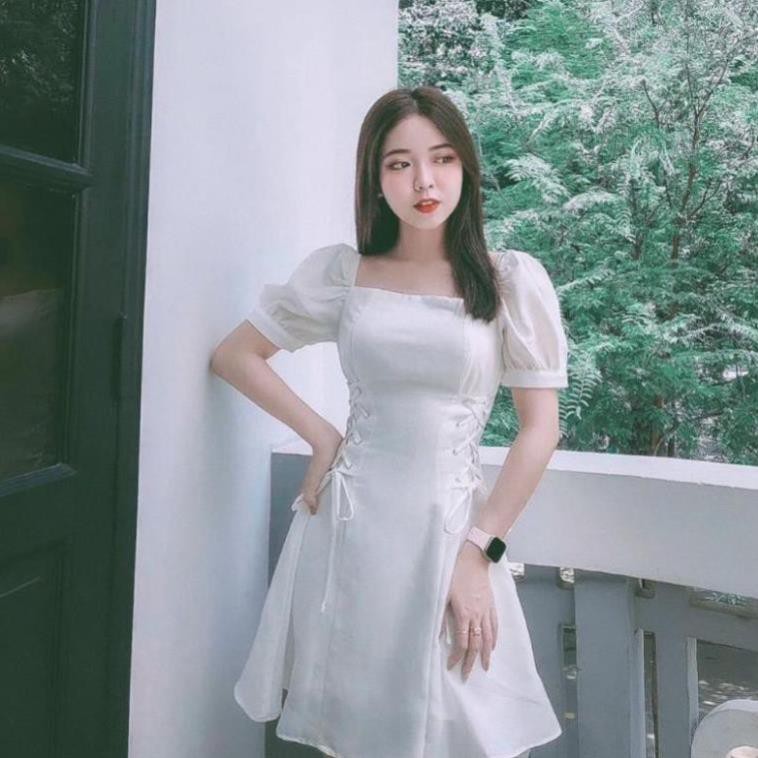 Đầm trắng tay phồng đan eo | BigBuy360 - bigbuy360.vn