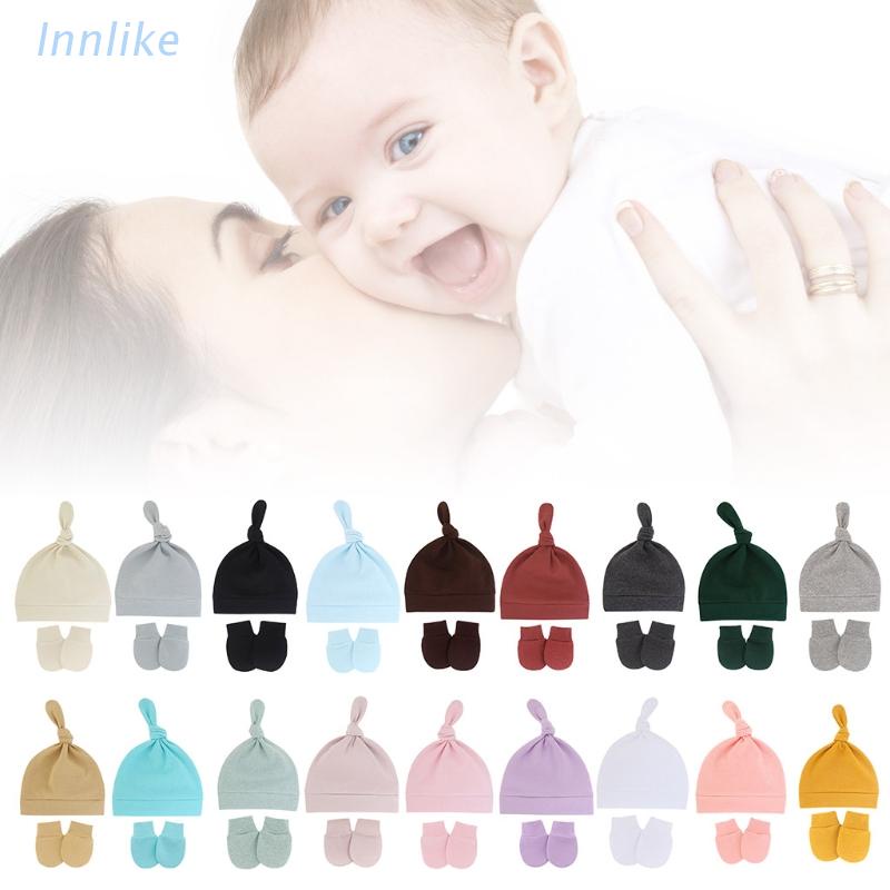 Set Mũ Beanie + Găng Tay + Găng Tay Chống Trầy Xước Giữ Ấm Cho Bé Sơ Sinh