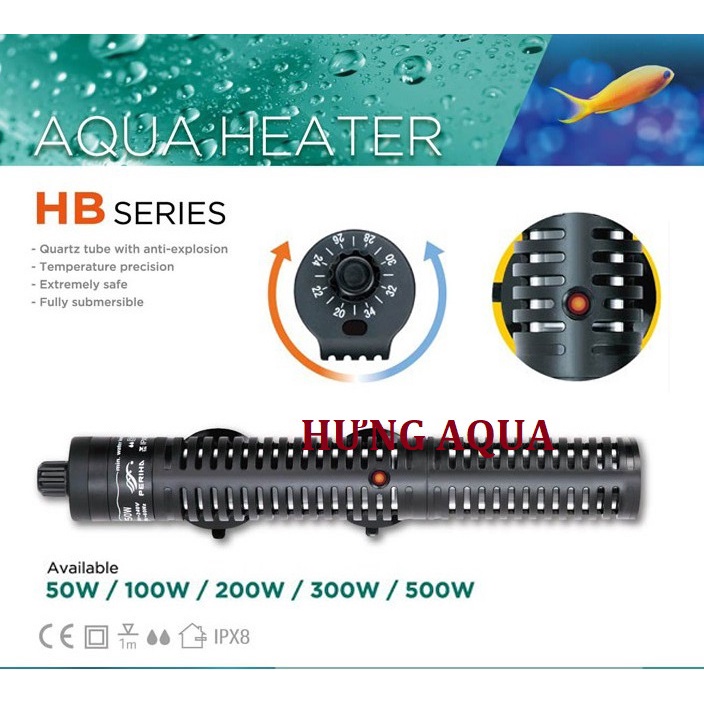 Sưởi bể cá, sưởi hồ cá, máy sưởi bể cá PERIHA HB HE 50/100/200/300/500 cao cấp, sưởi chống bỏng cho bể 20 - 500 lít