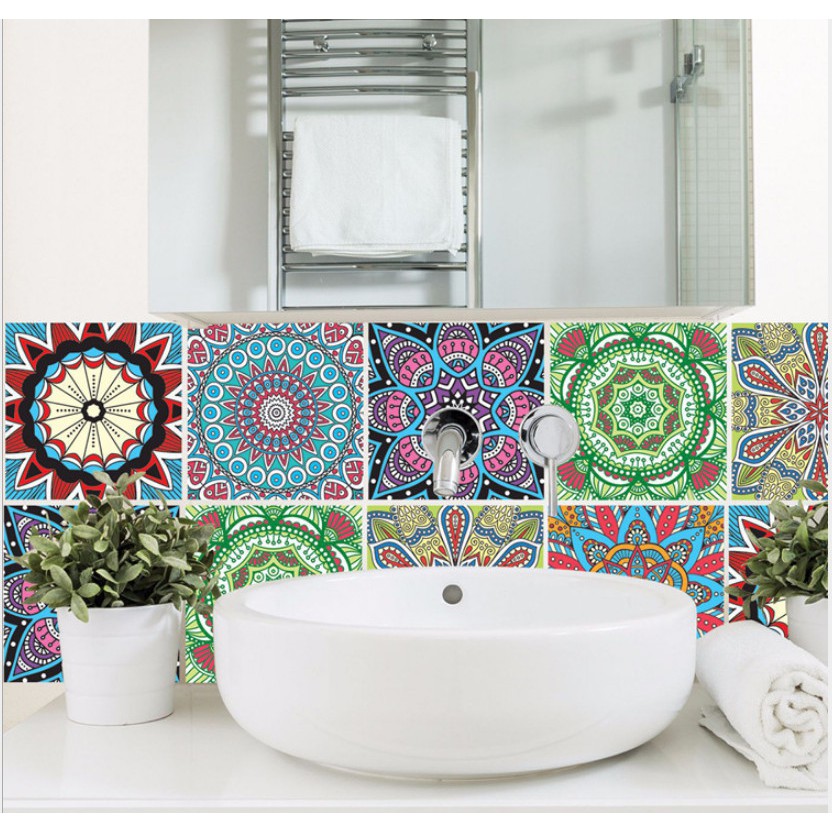 Decal gạch bông hoa văn đỏ xanh dạng rời (1 bộ 6 tấm 20cmx20cm)