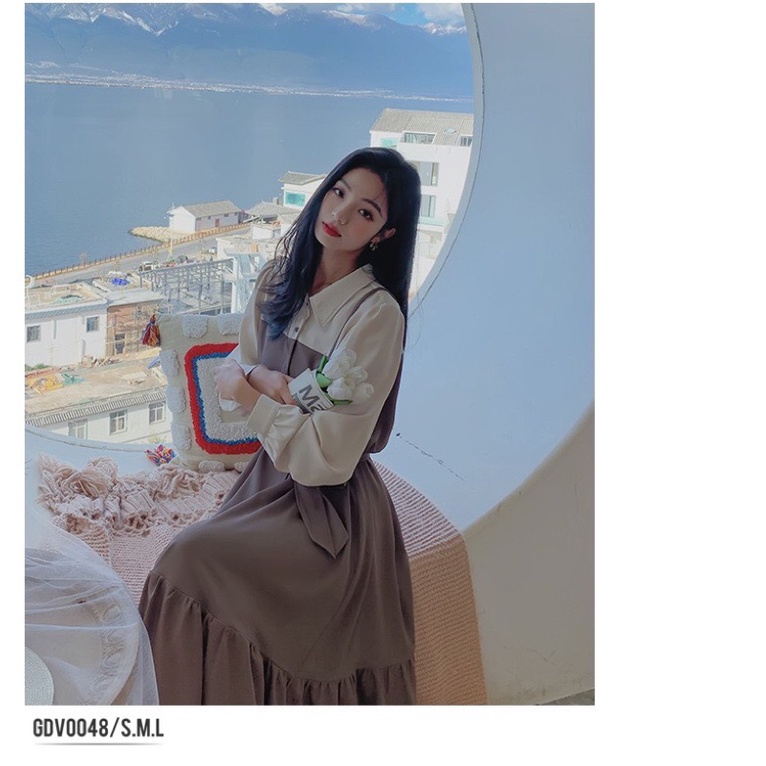 Bán sỉ váy xoè đuôi cá vintage kèm đai màu nâu dài 103cm