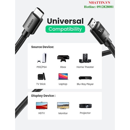 Cáp HDMI 2.1 dài 0,5M 8K@60Hz 48Gbps hỗ trợ HDR eARC Ugreen 40493