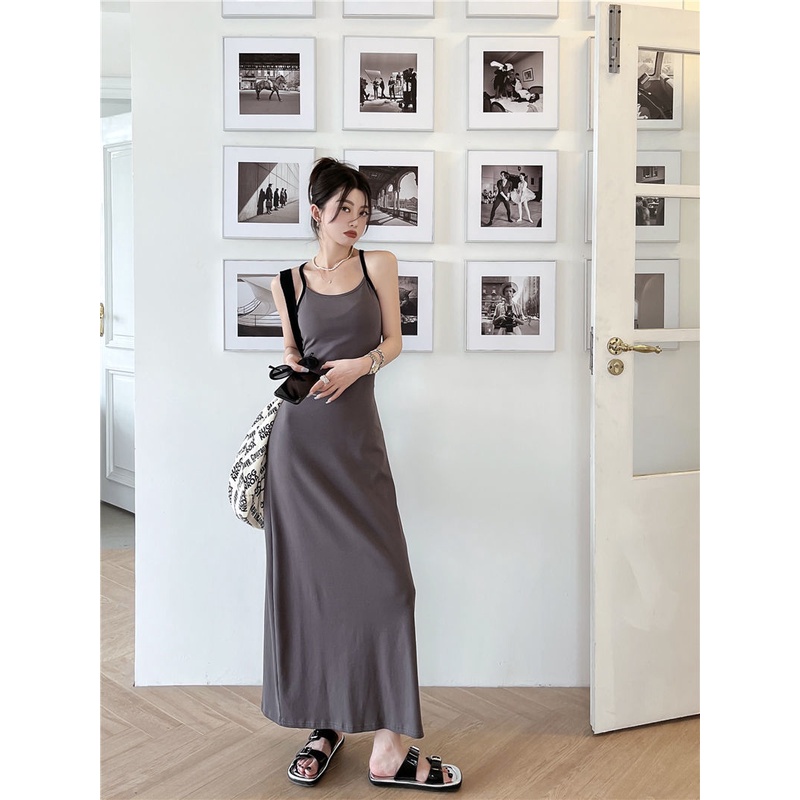 [Linin] Đầm Hai Dây Dáng Dài Qua Gối Ôm Sát Phong Cách Retro Mới Cho Nữ