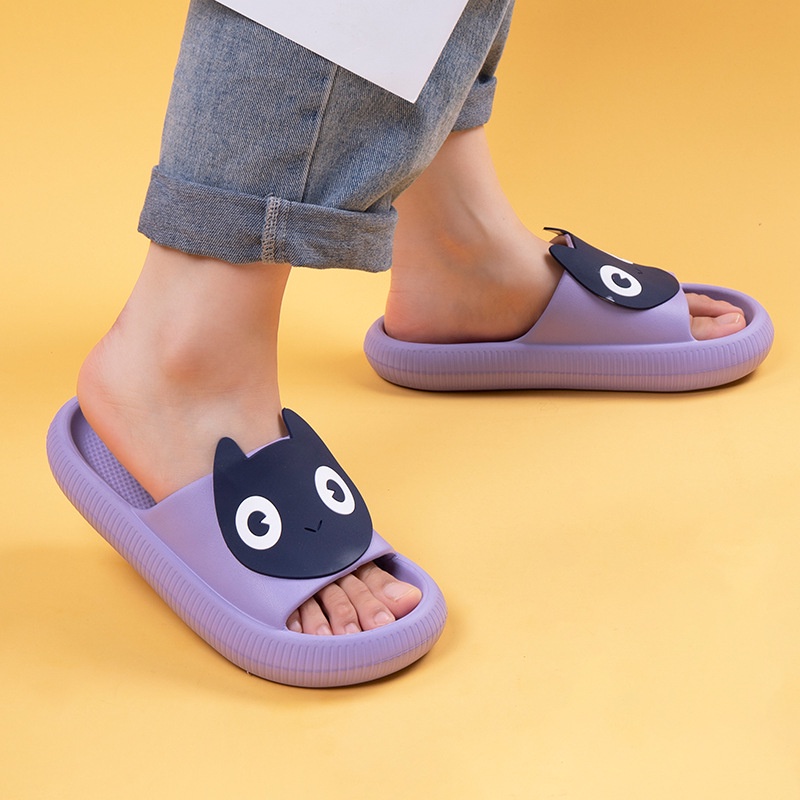 Dép Quai Ngang Đế Mềm Hình Mèo Đen Mắt To Dễ Thương