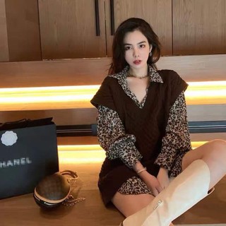Set áo len phối sơ mi da beo siêu kute