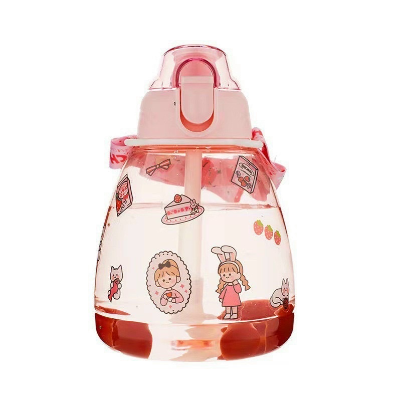 Bình Đựng Nước Uống Có Ống Hút Bằng Nhựa 1100ml Kèm Dây và Sticker