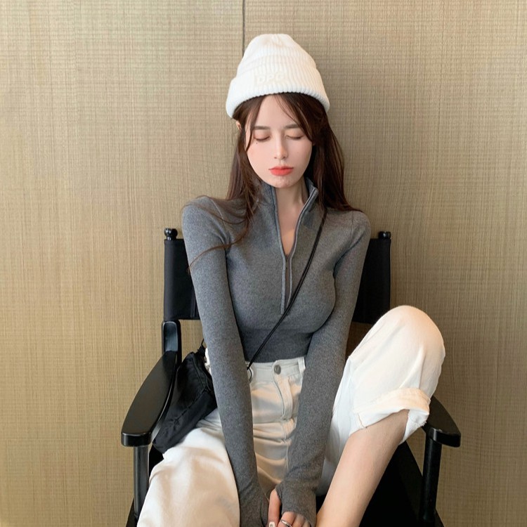 Cocory vn Áo Croptop Dệt Kim Tay Dài Cổ Cao Phối Khoá Kéo Phong Cách Cổ Điển