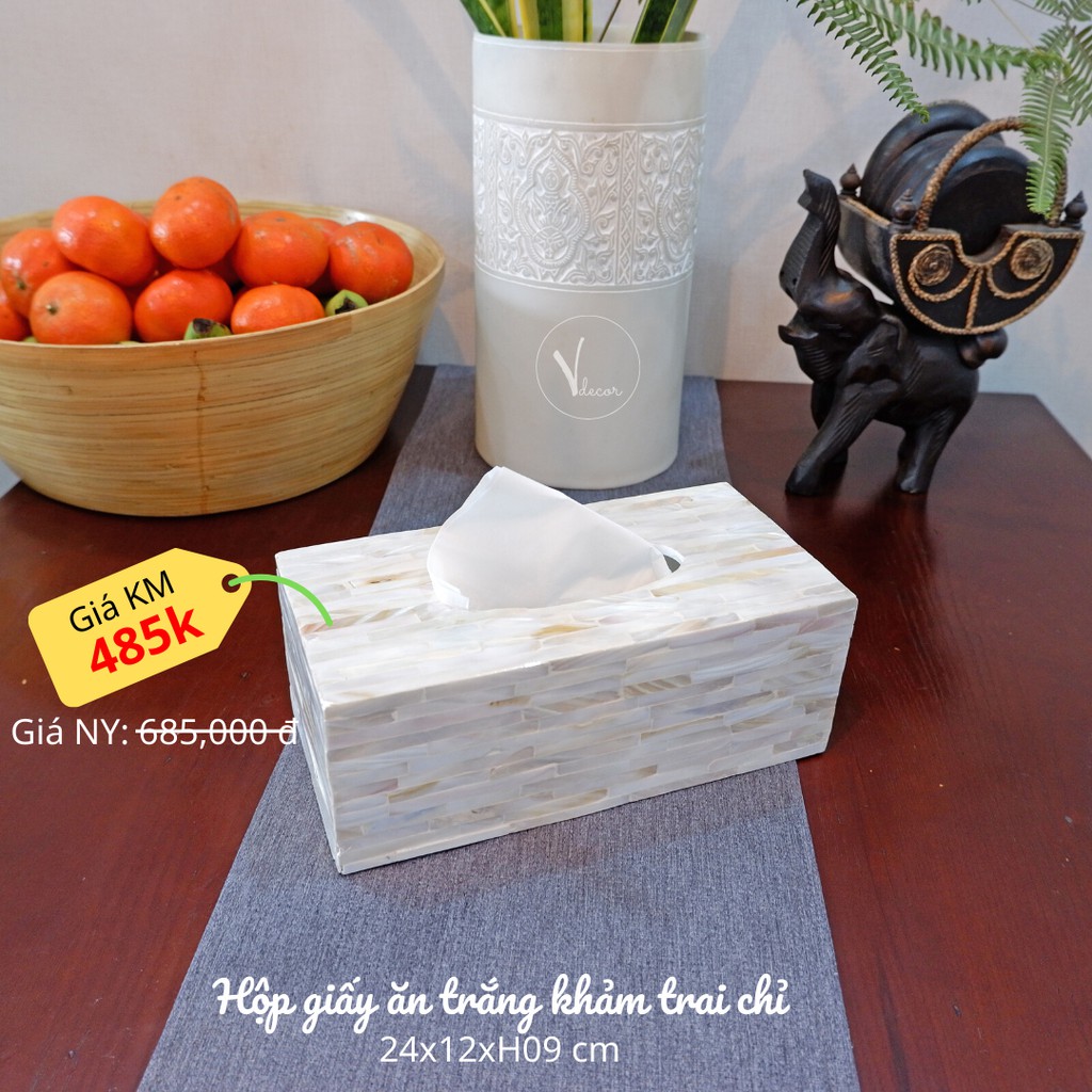 Hộp Khăn Giấy Khảm Trai Chỉ Trắng