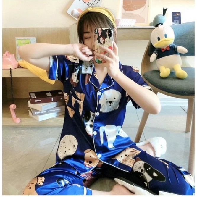 XINH XĂN Đồ Ngủ Nữ - Set Pijama Lụa Quần Dài + Tay Ngắn Mặt Những Chú Chó Gợi cảm