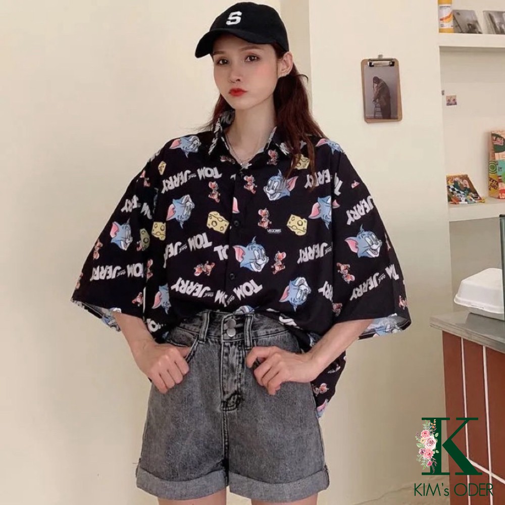 Sơ mi hoạ tiết Unisex Tom Jerry tay lỡ dáng rộng hai màu trắng xanh đậm thời trang hot trend cá tính đẹp có bigsize