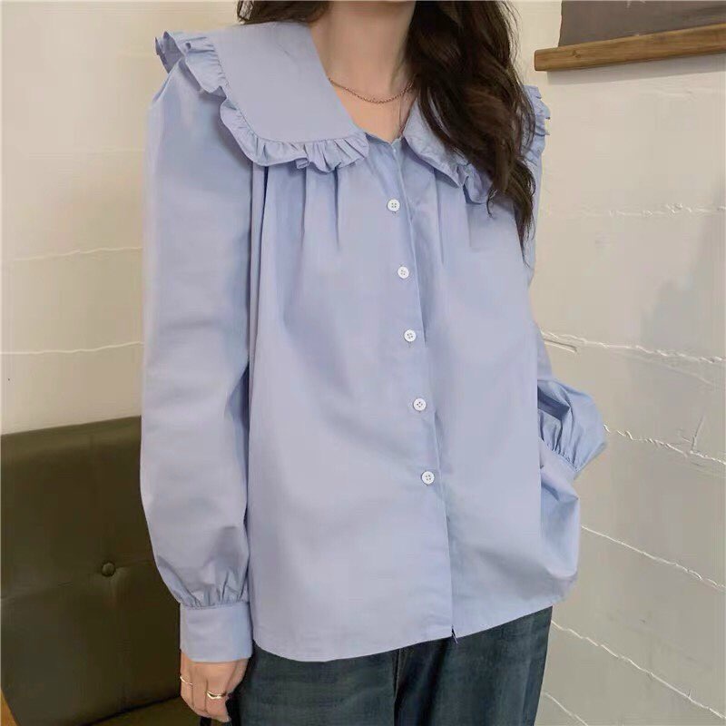 Áo Sơ Mi Cổ Bánh Bèo Tay Dài Voan Cực Xinh
