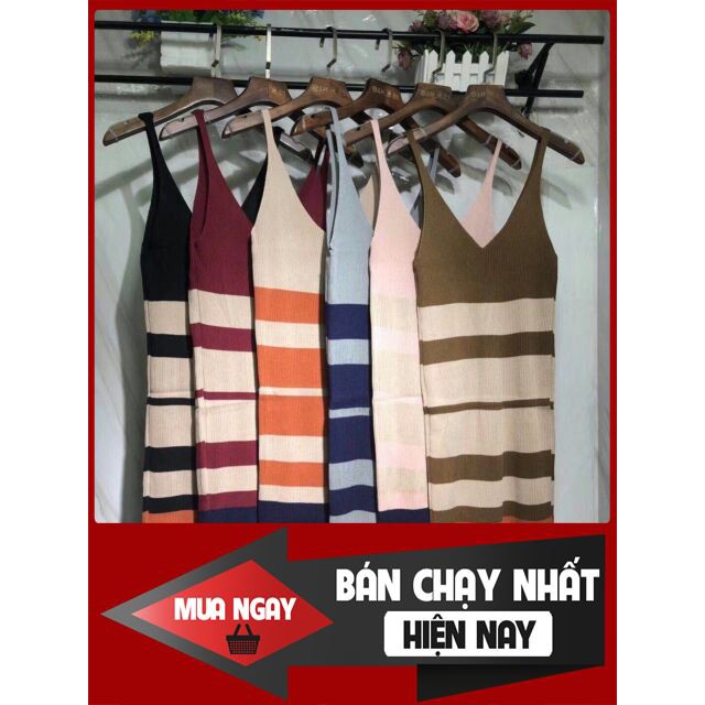 [ Big Sale ] Váy len body hai dây sọc ngang Quảng châu nữ họa tiết cao cấp hàng đẹp- Váy len montoghi thời trang elly