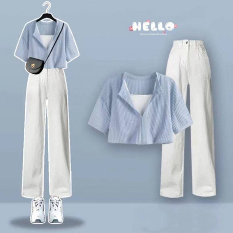 Set Áo Thun Ngắn Tay Giả Hai Lớp + Quần Dài Ống Rộng Thời Trang Nữ