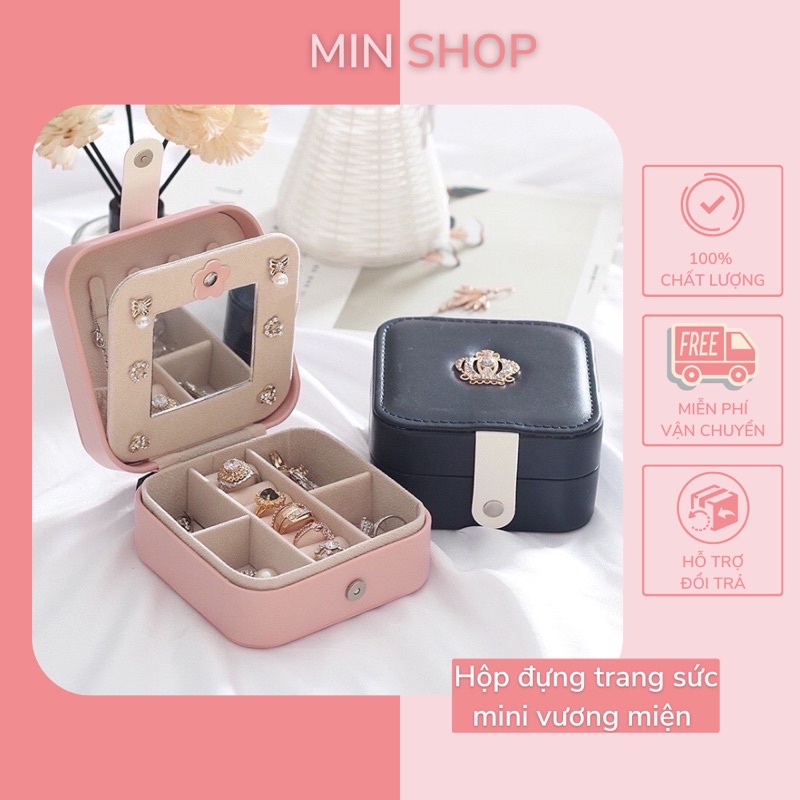 Hộp đựng trang sức đính vương miện  thiết kế nhỏ gọn tiện lợi khi đi du lịch có gương nhiều màu