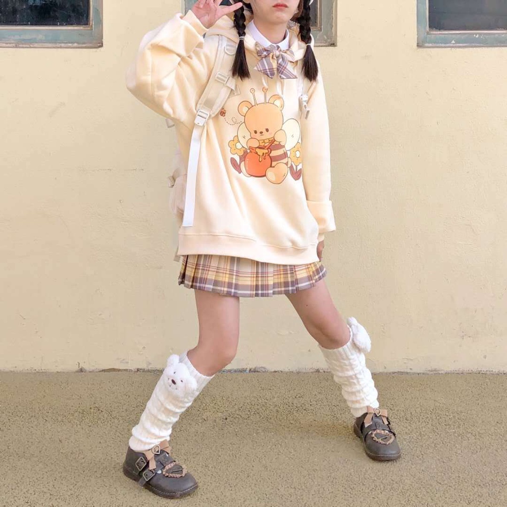 Áo Hoodie Form Rộng In Họa Tiết Gấu Dễ Thương Phong Cách Nhật Bản Cho Nữ Sinh