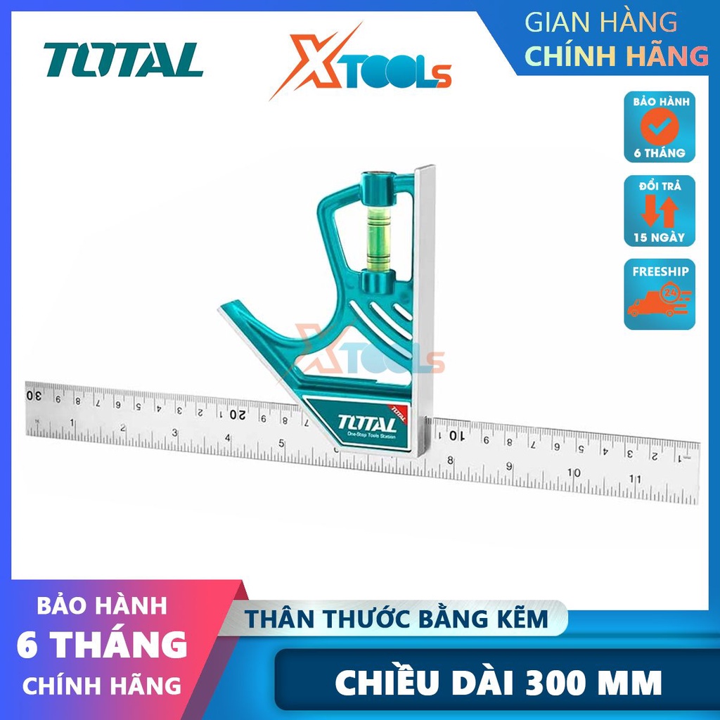 Thước eke vuông đo góc kèm thước thủy total TMT653005 300mm kẽm công nghiệp không gỉ, lưỡi bản 25mm -CHÍNH HÃNG-XTOOLS