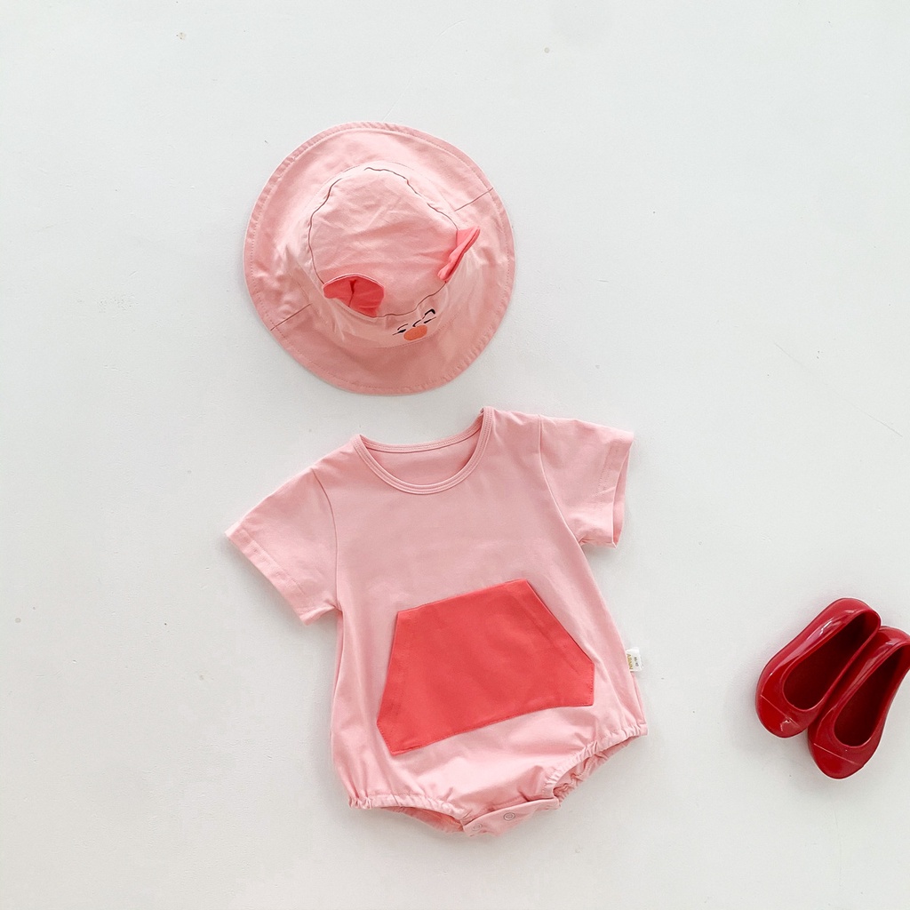 Áo liền quần ngắn tay in hoạt hình + mũ dễ thương thời trang mùa hè cho bé sơ sinh