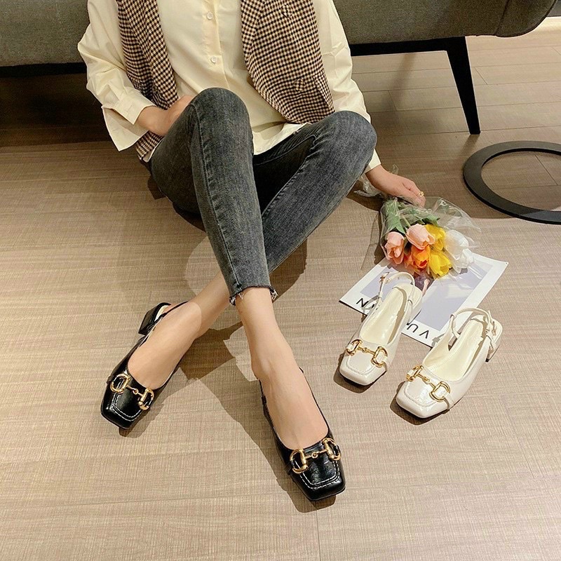 Sandal mũi vuông khuy ngang gót 3cm