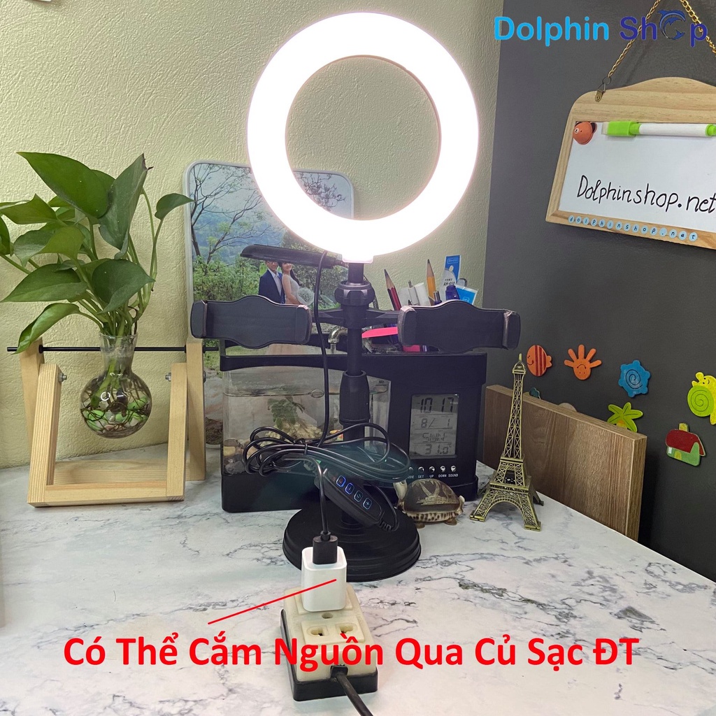 [Có Clip] Đèn Livestream Để Bàn Size 16cm Kèm Giá Đỡ 2 Điện Thoại Cùng Lúc