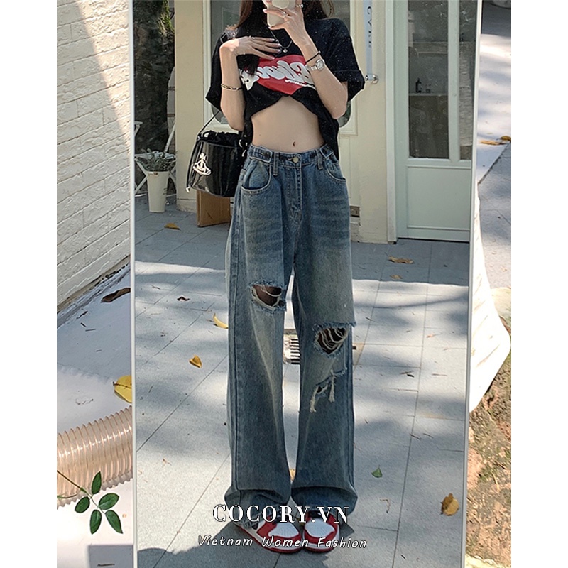 Cocory vn Quần Jeans Dài Lưng Cao Ống Rộng Thời Trang Cho Nữ
