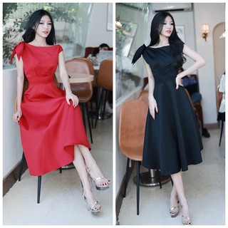 HÀNG THIẾT KẾ - ĐẦM XÒE MIDI CỔ THUYỀN NƠ VAI SIÊU SANG - MD238235