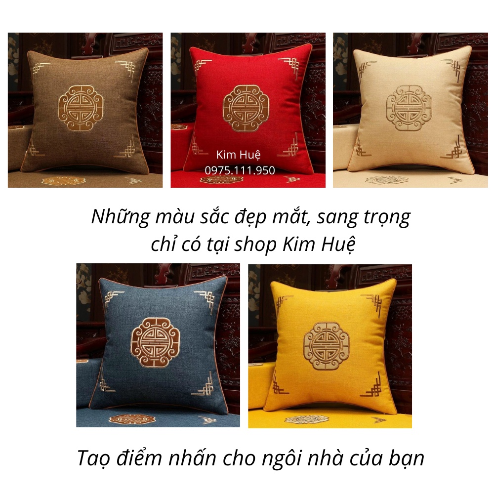 Gối tựa lưng sofa vuông 45x45cm thêu chữ thọ đẹp sang trọng Kim Huệ Decor