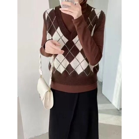 Áo Sweater dệt kim không tay cổ chữ V họa tiết sọc caro thời trang mùa xuân 2021 cho nữ | BigBuy360 - bigbuy360.vn