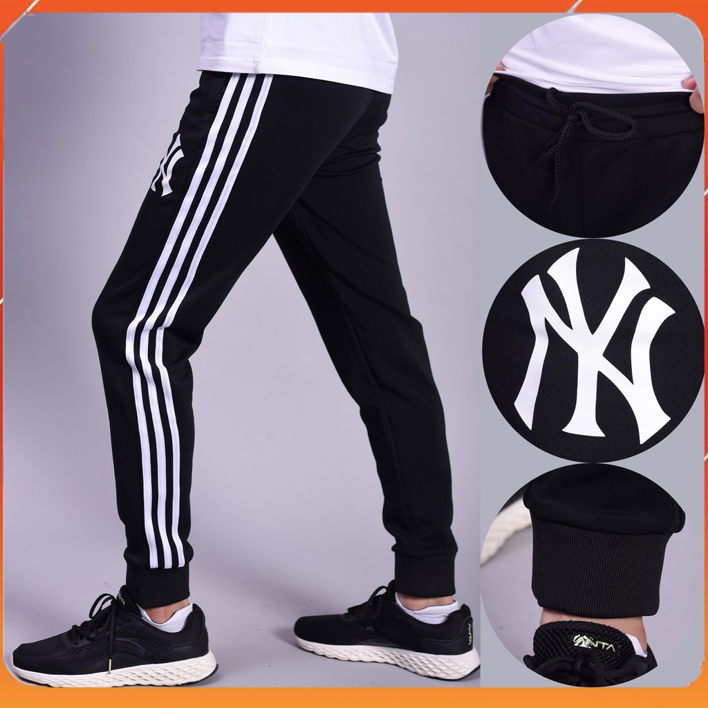 Quần Jogger 3 Sọc Trắng Logo Ép NY, Ống Bo Chun Phong Cách Thể Thao L111