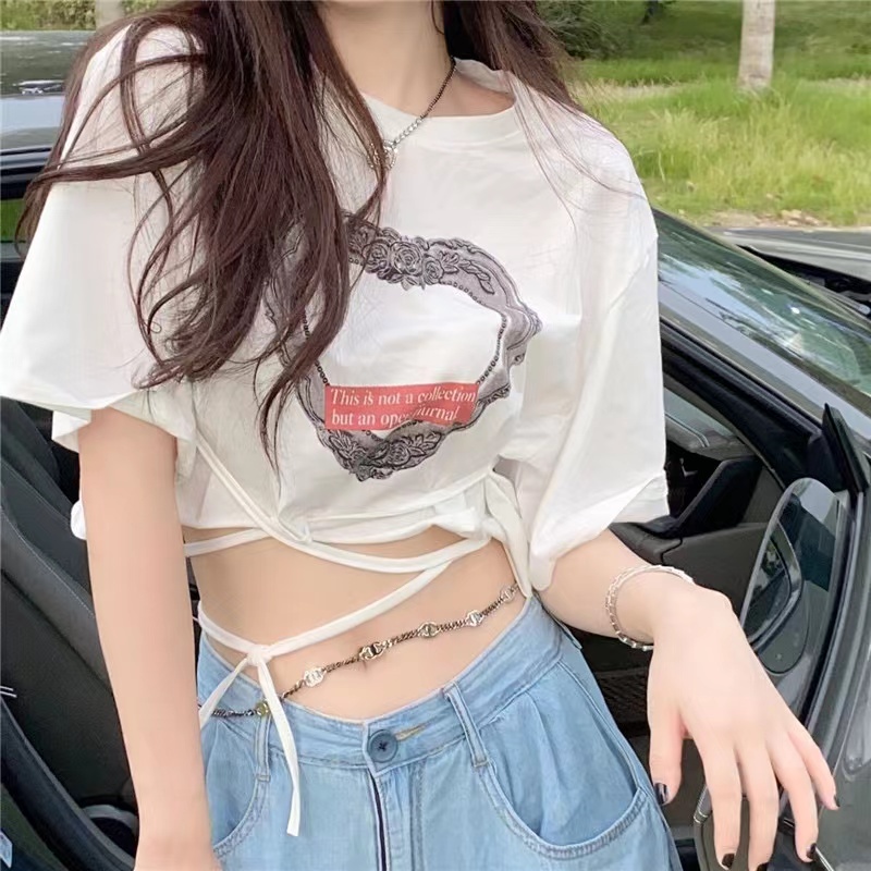 Áo Thun Crop Top Nữ Tay Ngắn In Hình Thời Trang