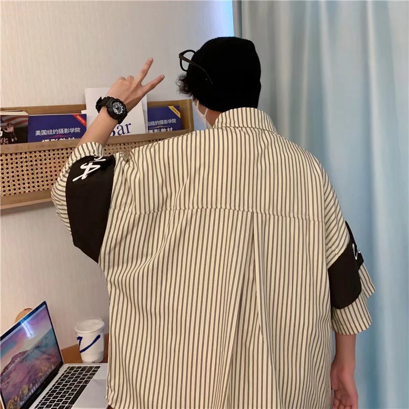 Áo polo Ngắn Tay Dáng Rộng Kẻ Sọc Thời Trang Mùa Hè Phong Cách Nhật Bản Cho Nam