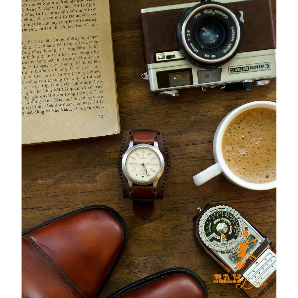 Combo dây đồng hồ da bò nâu đỏ kiểu quân đội cực đẹp RAM Leather B2 1980 - tặng khóa chốt và cây thay dây