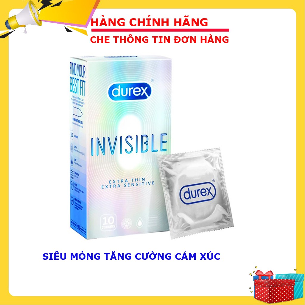 Bao cao su durex invisible extra thin, bao cao su loại siêu mỏng, ôm sát, cảm giác chân thật hộp 10 bao tặng hộp 3