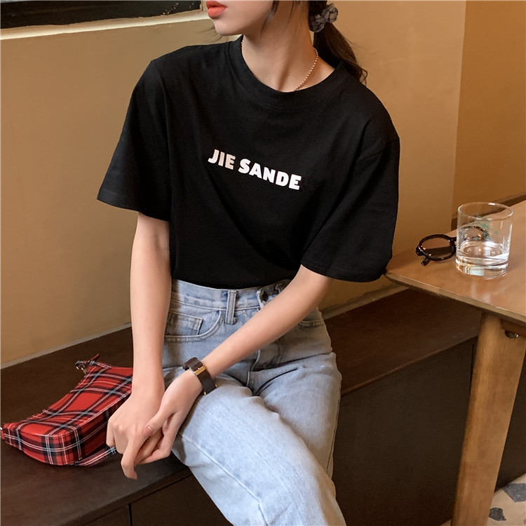 Áo Thun Nữ Tay Ngắn Dáng Rộng In Chữ Phong Cách Hàn Quốc