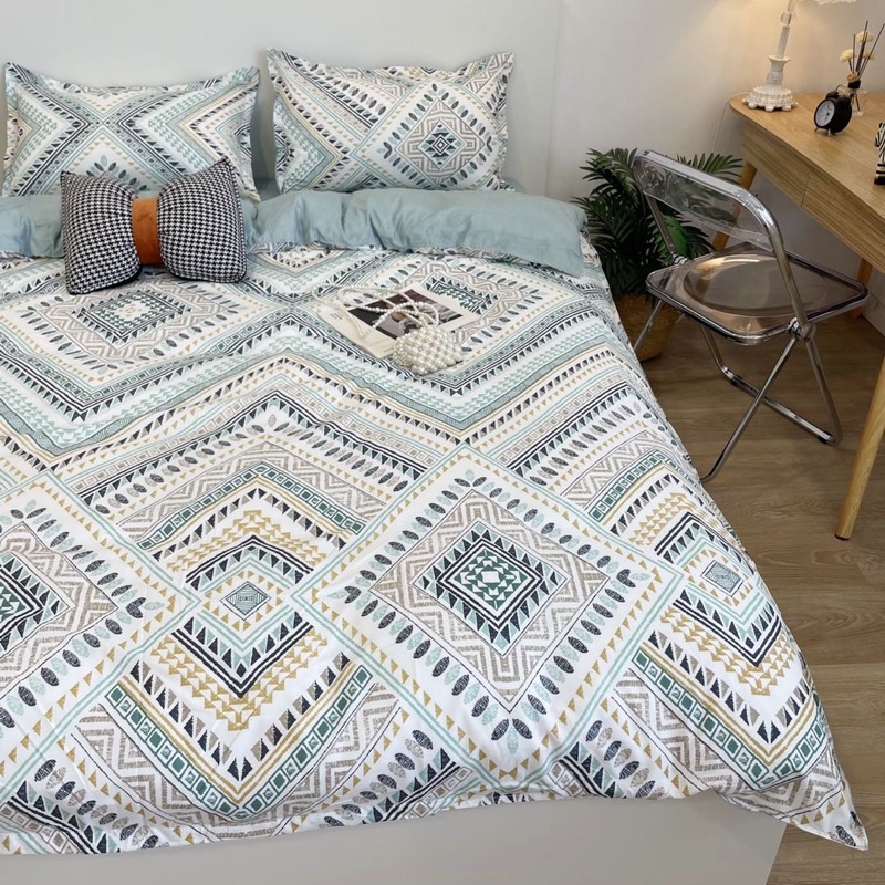 Set Bộ Vỏ Cotton Poly Thổ Cẩm Xanh, Chất Vải Đanh Mát_shinbedding