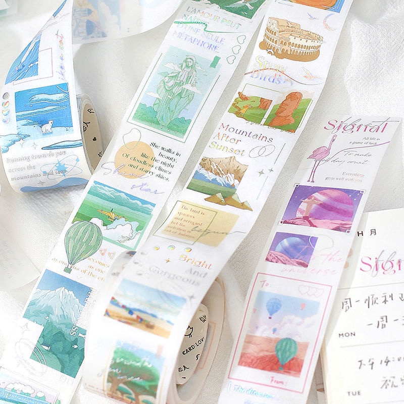Combo 4 mẫu washi tape phong cảnh các màu chữ hologram - 3x152cm