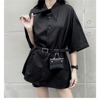 Đầm sơ mi đen thắt lưng kiểu