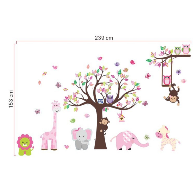 Decal trang trí tường Cây và Thú hồng cho Bé ( cao cấp )