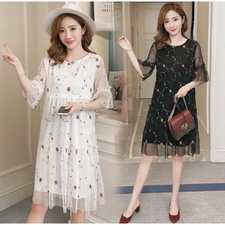đầm bầu thêu hoa trước và sau sinh cho bé bú