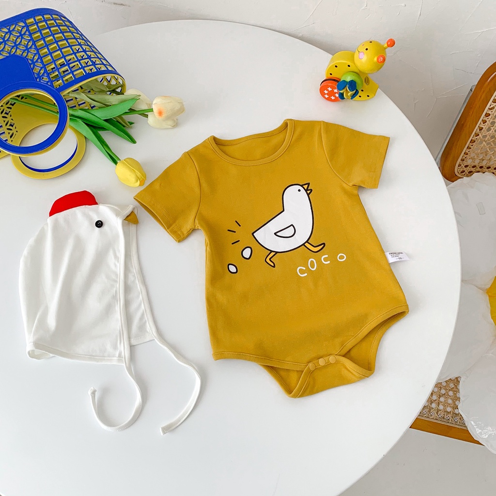 Bộ Áo Liền Quần Mùa Hè In Hình Gà Con Dễ Thương Kèm Nón Cho Bé Sơ Sinh 0-24 Tháng Tuổi