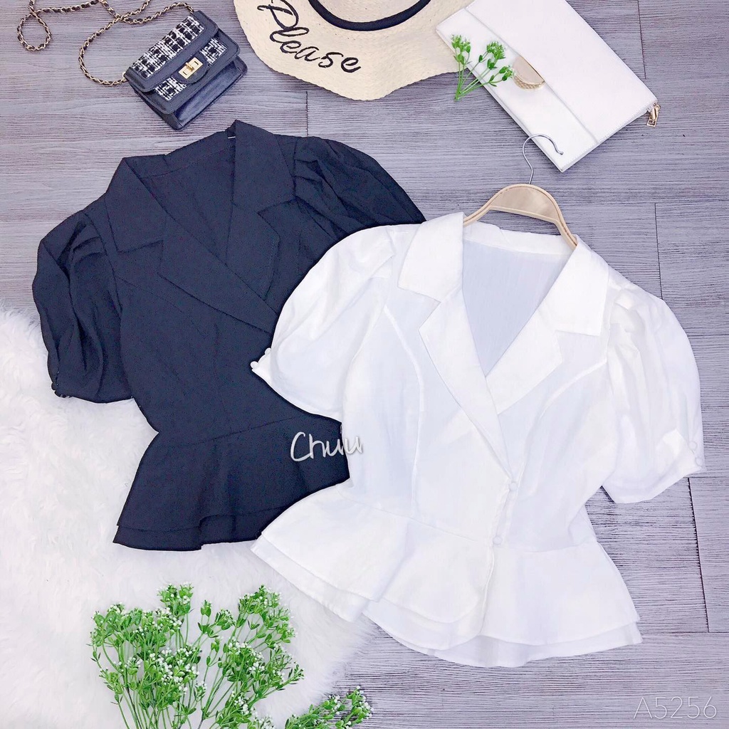Áo peplum lưng chun giấu bụng kiểu cổ vest tay phồng CHUU A5256