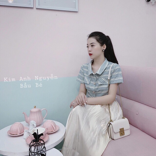 Set Áo Kẻ Ngang + Chân Váy Lụa Dài Cao Cấp (Kèm Video + Ảnh Thật)
