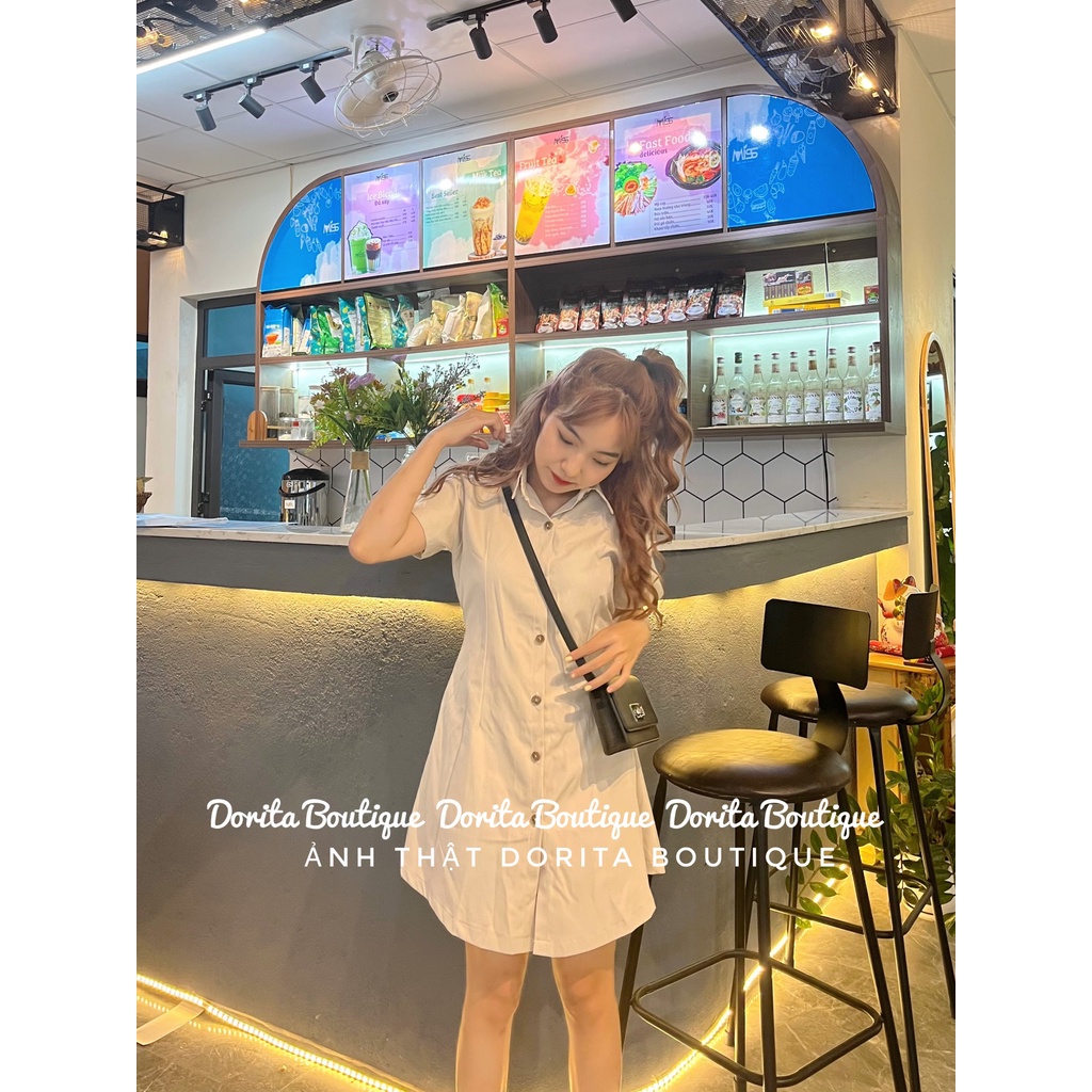 Váy sơ mi chun lưng Basic dáng Hàn, Đầm sơ mi kaki 2 da Hàn Quốc