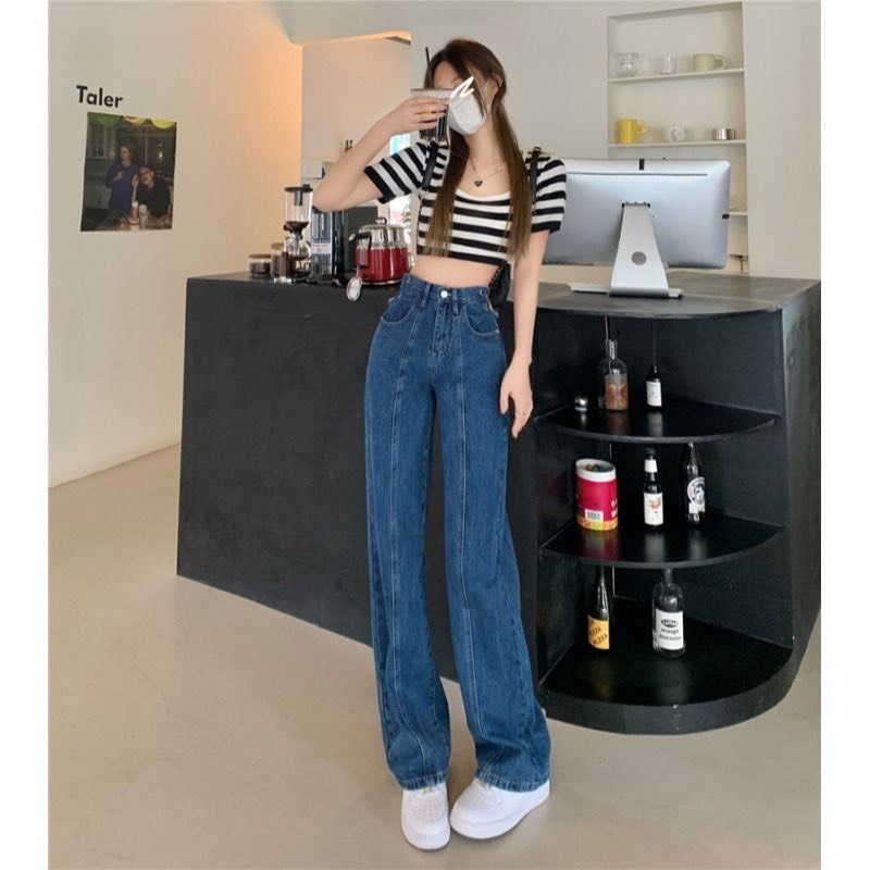 Quần jeans lưng cao ống rộng thiết kế khuyết lưng sexy phong cách Hàn Quốc