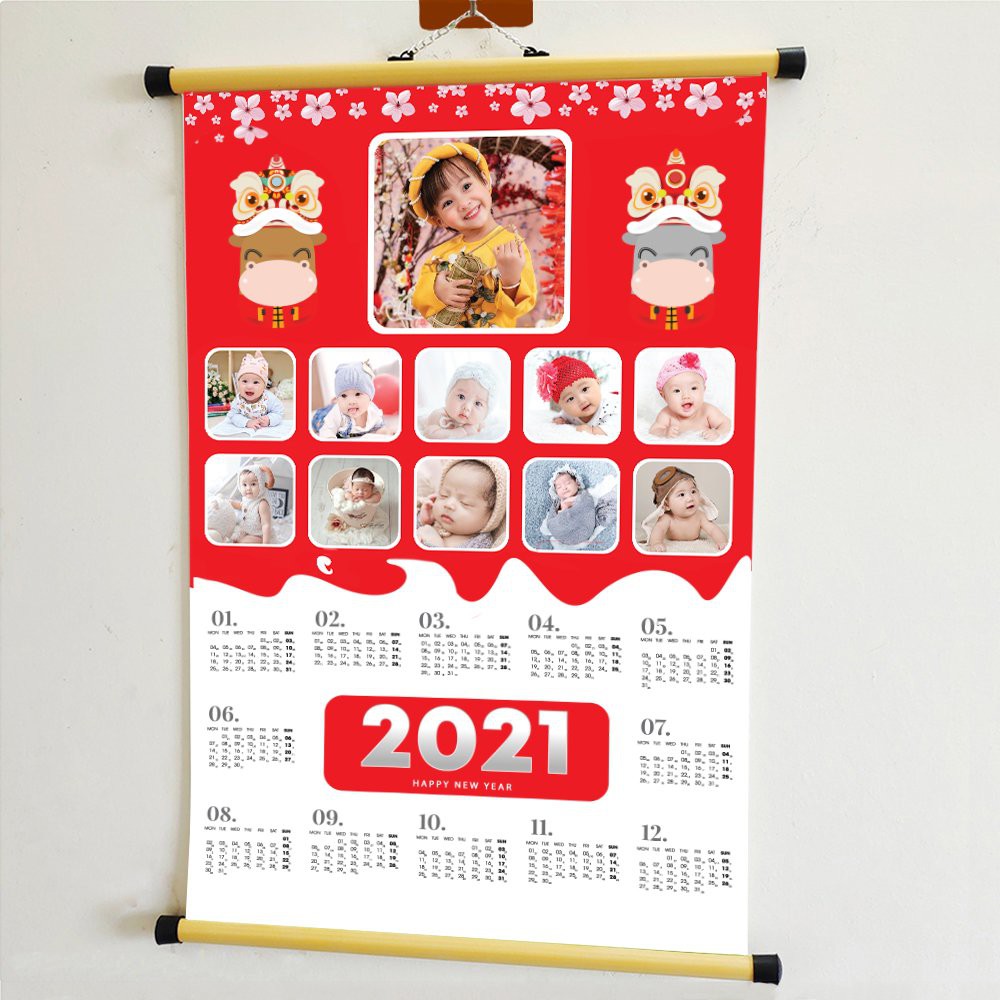 COMBO 2 LỊCH TẾT 2021- 169K - Lịch Canvas treo tường in hình bé họa tiết trang trí hình gấu dễ thương