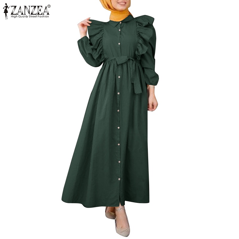 Đầm ZANZEA tay dài nhún bèo thiết kế dây buộc eo phong cách Hồi Giáo