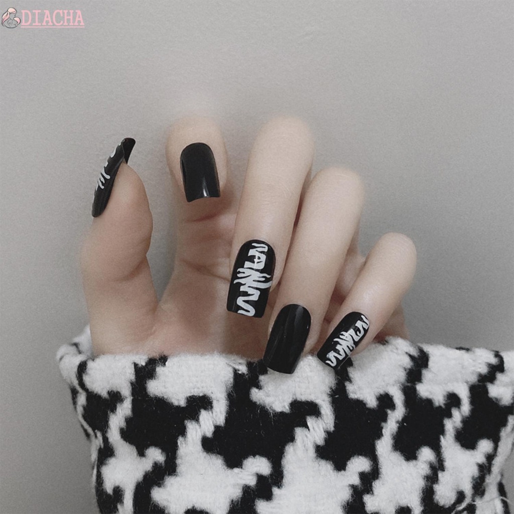 [Hàng mới về] Set 24 móng tay giả màu đen hình vuông có thể tháo rời thời trang cho nữ